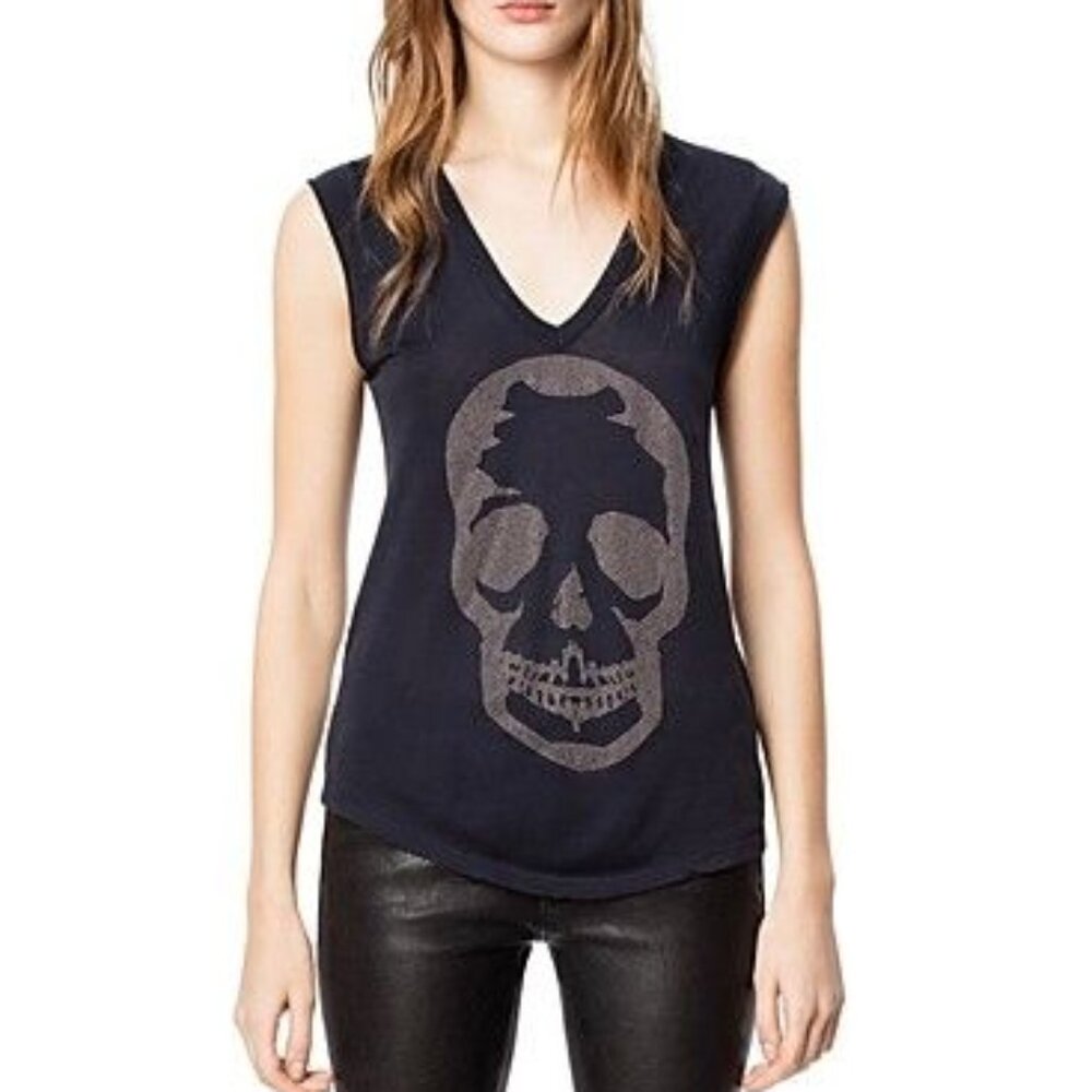 Zadig & Voltaire Brooklyn Strass Skull Tee In Navy Blue Cotton | Size S